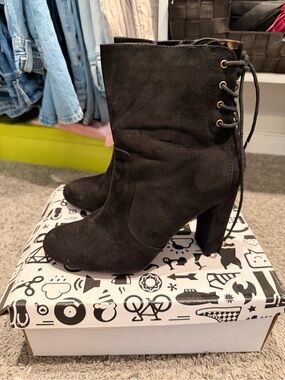 Black Suede Lace-Back Block Heel Ankle Boots
